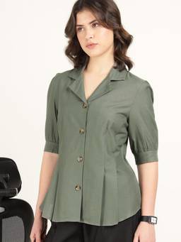 Hancock - Women Olive Solid Pleated Oxford Weave Pure Cotton Formal Shirt