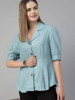 Hancock - Women Sea Green Solid Regular Fit Linen Pleated Formal Shirt