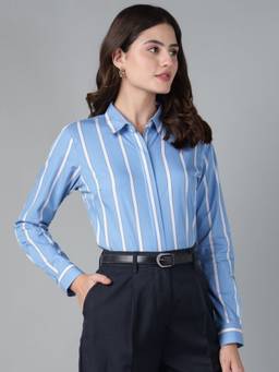 Hancock - Women Blue Striped Regular Fit Pure Cotton Formal Shirt