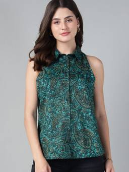 Hancock - Women Green Paisely Printed Pure Cotton Satin Regular Fit Sleeveless Casual Shirt