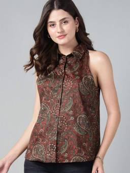 Hancock - Women Maroon Paisely Printed Pure Cotton Satin Regular Fit Sleeveless Casual Shirt