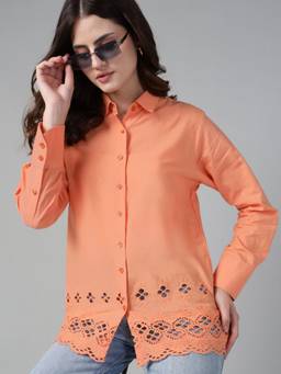 Hancock - Women Orange Solid Boyfriend Relaxed Fit Schiffli Pure Cotton Casual Shirt