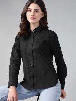 Hancock - Women Black Boyfriend Relaxed Fit Schiffli Pure Cotton Casual Shirt
