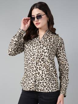 Hancock - Women Beige Leopard Printed Regular Fit Pure Cotton Semiformal Shirt