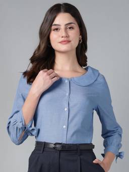 Hancock - Women Blue Solid Peter Pan Collar Pure Cotton Regular Fit Formal Shirt