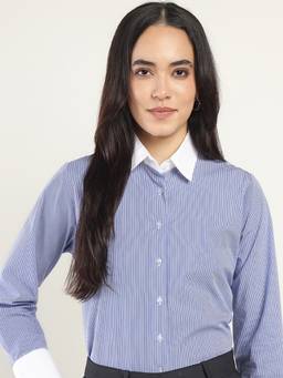 Hancock - Women Blue Candy Striped Boyfriend Fit Wrinkle Resistant Pure Cotton Casual Shirt