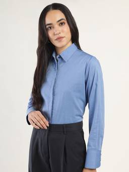 Hancock - Women Blue Solid Chambray Boyfriend Fit Pure Cotton Casual Shirt
