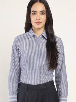Hancock - Women Navy Blue Striped Boyfriend Fit Pure Cotton Casual Shirt