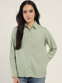 Hancock - Women Light Green Solid Boyfriend Fit Linen Blend Casual Shirt