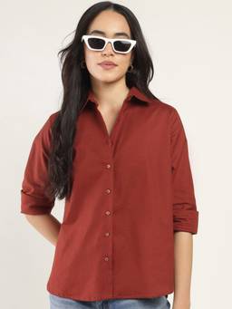 Hancock - Women Rust Solid Boyfriend Fit Linen Blend Casual Shirt