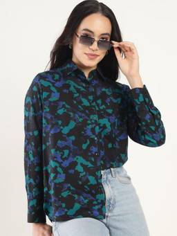 Hancock - Women Black Printed Boyfriend Fit Viscose Rayon Casual Shirt