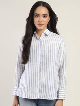 Hancock - Women White Striped Boyfriend Fit Pure Linen Casual Shirt
