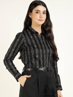 Hancock - Women Black Floral Printed Pure Cotton Satin Formal Shirt