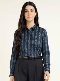 Hancock - Women Navy Blue Floral Printed Pure Cotton Satin Formal Shirt