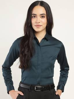 Hancock - Women Cyan Micro Checked Pure Cotton Stretchable Formal Shirt