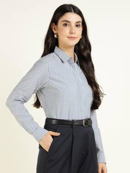 Hancock - Women Blue & White Striped Pure Cotton Formal Shirt