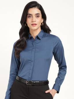 Hancock - Women Bluish Blue Solid Wrinkle Resistant Stretchable Formal Shirt