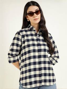 Hancock - Women Cream Checked Pure Cotton Oversize Fit Casual Shirt