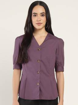 Hancock - Women Dark Purple Solid Pure Cotton Stretchable Pleated Formal Shirt