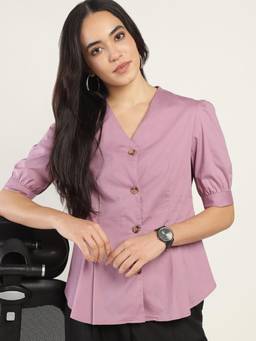 Hancock - Women Light Purple Solid Pure Cotton Stretchable Pleated Formal Shirt