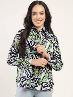 Hancock - Women White Abstract Printed Linen Boyfriend Relaxed Fit Casual Shirt