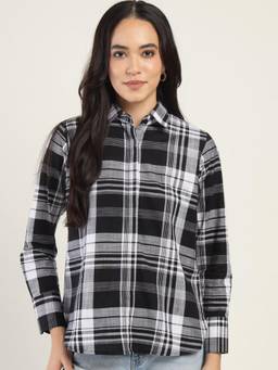 Hancock - Women Black Checked Pure Cotton Boyfriend Relaxed Fit Formal Shirt