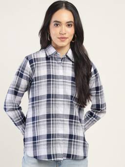 Hancock - Women White Checked Pure Cotton Boyfriend Relaxed Fit Formal Shirt