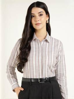Hancock - Women Beige Striped Linen Slub Regular Fit Formal Shirt