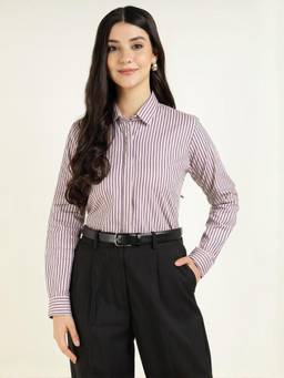 Hancock - Women Purple Striped Pure Cotton Regular Fit Formal Shirt