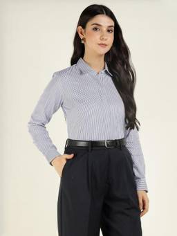 Hancock - Women Blue Striped Pure Cotton Regular Fit Formal Shirt