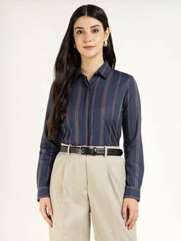 Hancock - Women Navy Blue Striped Viscose Rayon Regular Fit Formal Shirt