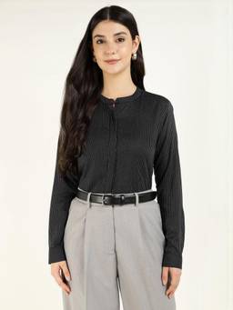Hancock - Women Black Striped Viscose Rayon Regular Fit Formal Shirt