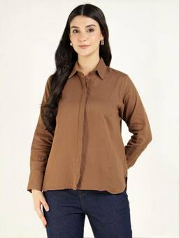 Hancock - Women Brown Solid Pure Cotton Oversize Fit Casual Shirt