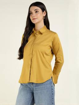 Hancock - Women Mustard Solid Satin Oversize Fit Casual Shirt