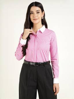 Hancock - Women Pink Gingham Checked Pure Cotton Regular Fit Formal Shirt