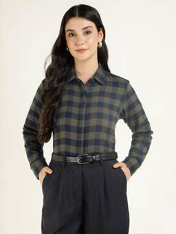Hancock - Women Olive Flannel Checked Pure Cotton Regular Fit Formal Shirt