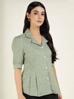 Hancock - Women Green Solid Pleated Oxford Weave Pure Cotton Formal Shirt