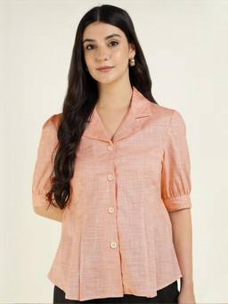 Hancock - Women Peach Solid Pleated Oxford Weave Pure Cotton Formal Shirt