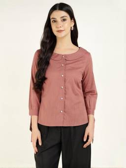 Hancock - Women Mauve Solid Peter Pan Collar Pure Cotton Formal Shirt
