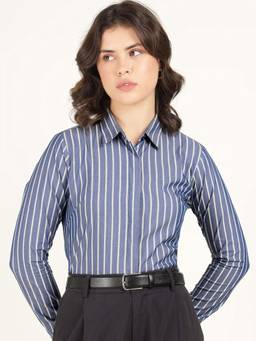 Hancock - Women Blue Striped Cotton Stretch Formal Shirt