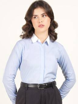Hancock - Women Sky Blue Striped Pure Cotton Formal Shirt