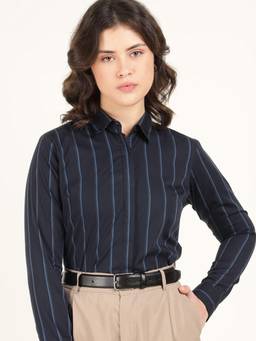 Hancock - Women Navy Blue Striped Pure Cotton Formal Shirt