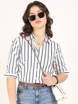 Hancock - Women White Striped Pure Cotton Oversize Fit Casual Shirt