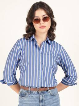 Hancock - Women Blue Striped Pure Cotton Oversize Fit Casual Shirt