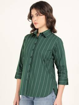 Hancock - Women Bottle Green Striped Pure Cotton Oversize Fit Casual Shirt