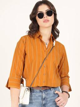 Hancock - Women Mustard Striped Pure Cotton Oversize Fit Casual Shirt