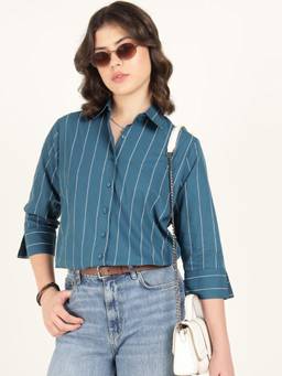 Hancock - Women Blue Striped Pure Cotton Oversize Fit Casual Shirt