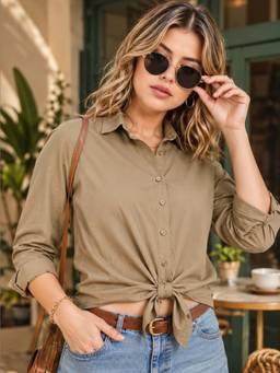 Hancock - Women Beige Solid Pure Cotton Oversize Fit Casual Shirt