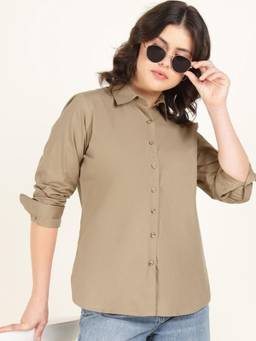 Hancock - Women Beige Solid Pure Cotton Oversize Fit Casual Shirt