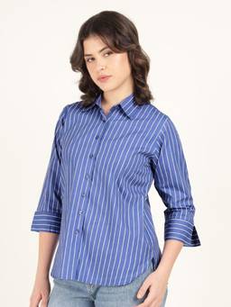 Hancock - Women Blue Striped Pure Cotton Oversize Fit Casual Shirt